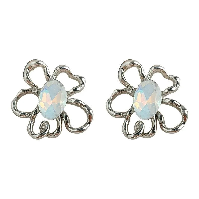 Cool Style Copper Hollow Flower Rhinestone Stud Earrings, Minimalist Elegant Commuter Jewelry
