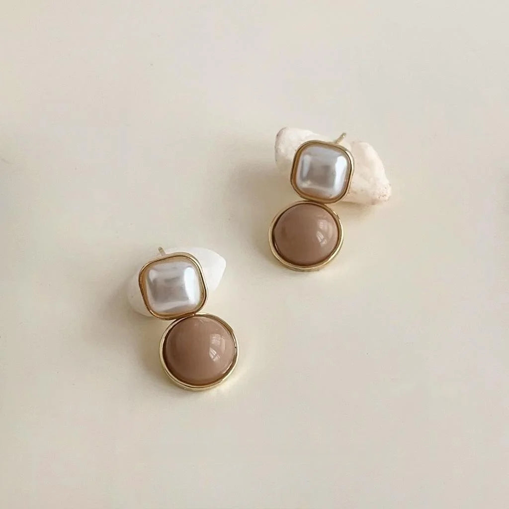 French Maillard Geometric Drop Earrings, Copper, Round Square Vintage Style