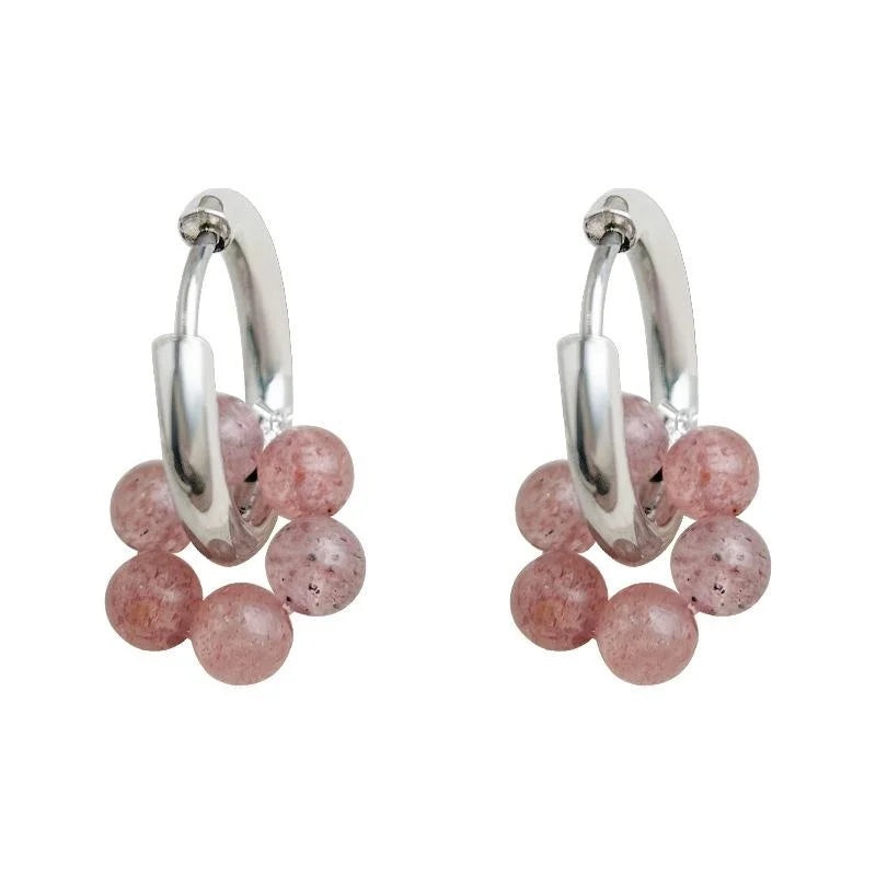 Handmade Strawberry Quartz Chalcedony Geometric Round Drop Earrings Niche Designer Style