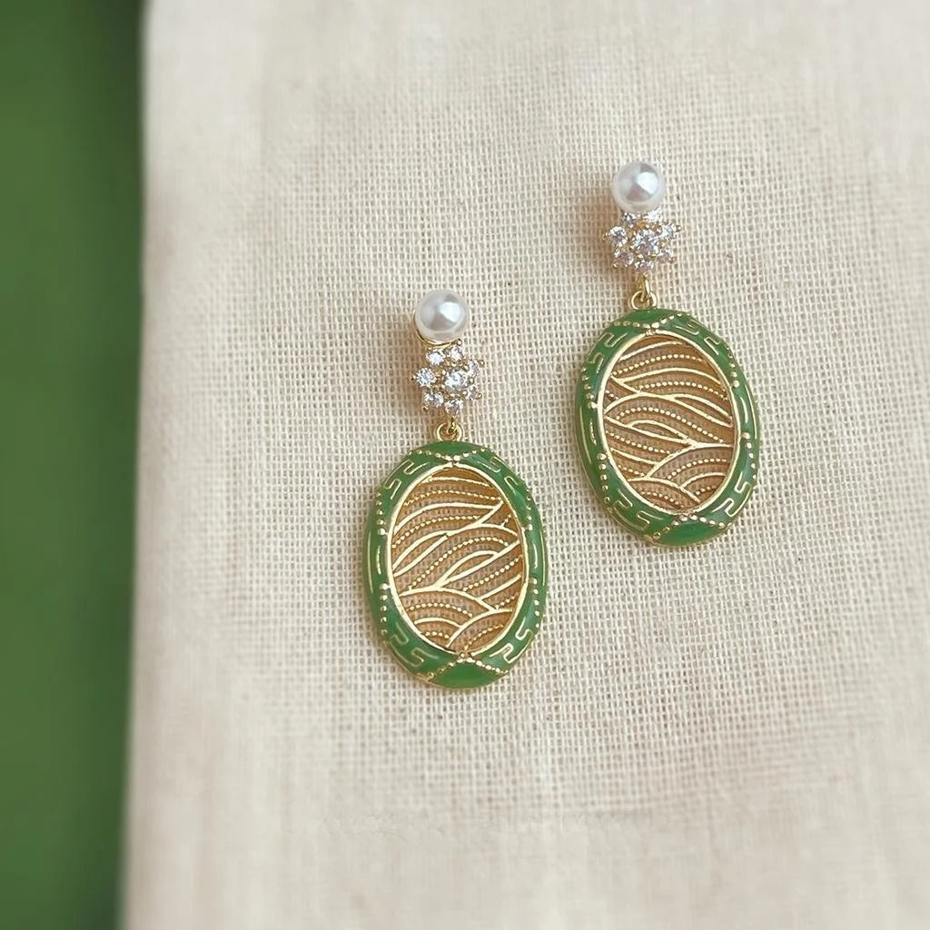New Chinese Style Green Enamel Micro Pave Zircon Floral Copper Drop Earrings