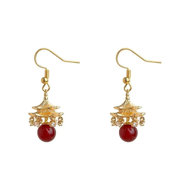 Chinese Style Geometric Tassel Drop Earrings With Copper Red Agate And Micro Pave Zircon