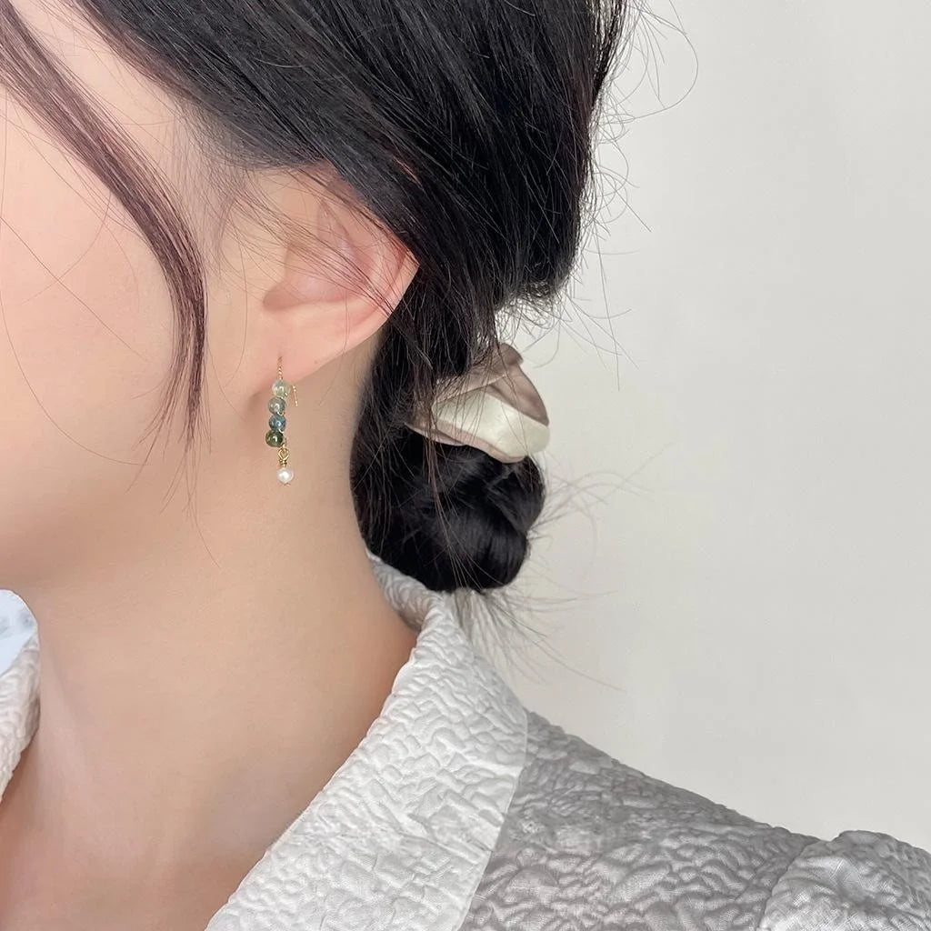 Forest Style Natural Stone And Freshwater Pearl Geometric Round 14K Plated Drop Earrings