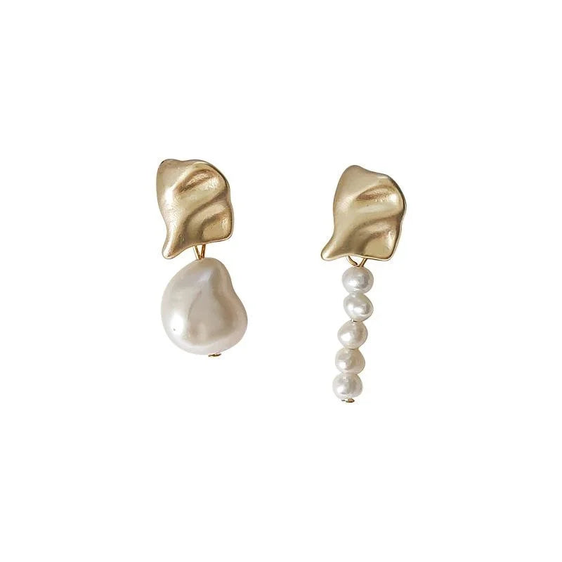 Handmade Baroque Freshwater Pearl Stud Earrings Asymmetrical Geometric Silver Plated Copper French Style