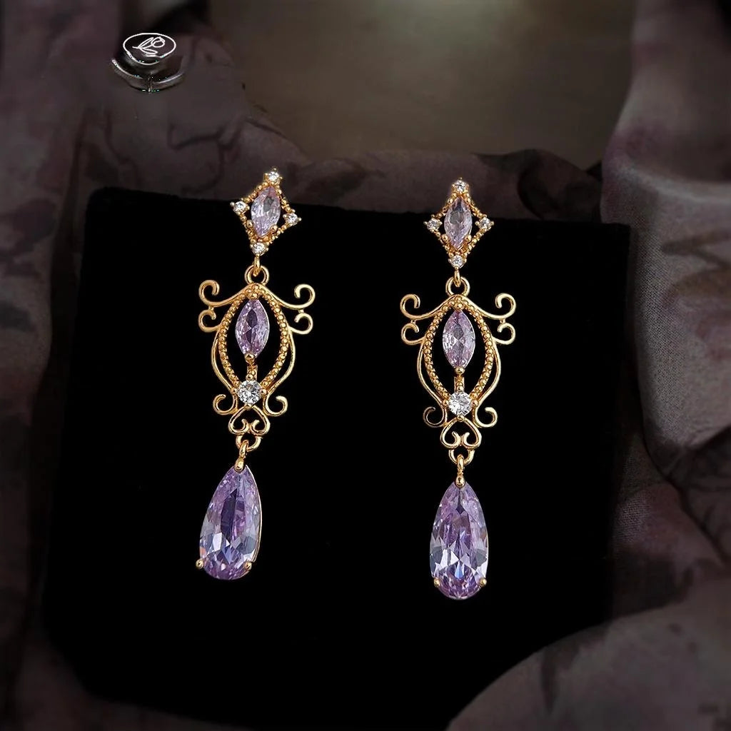 Light Luxury Purple Zircon Teardrop Geometric Copper Drop Earrings