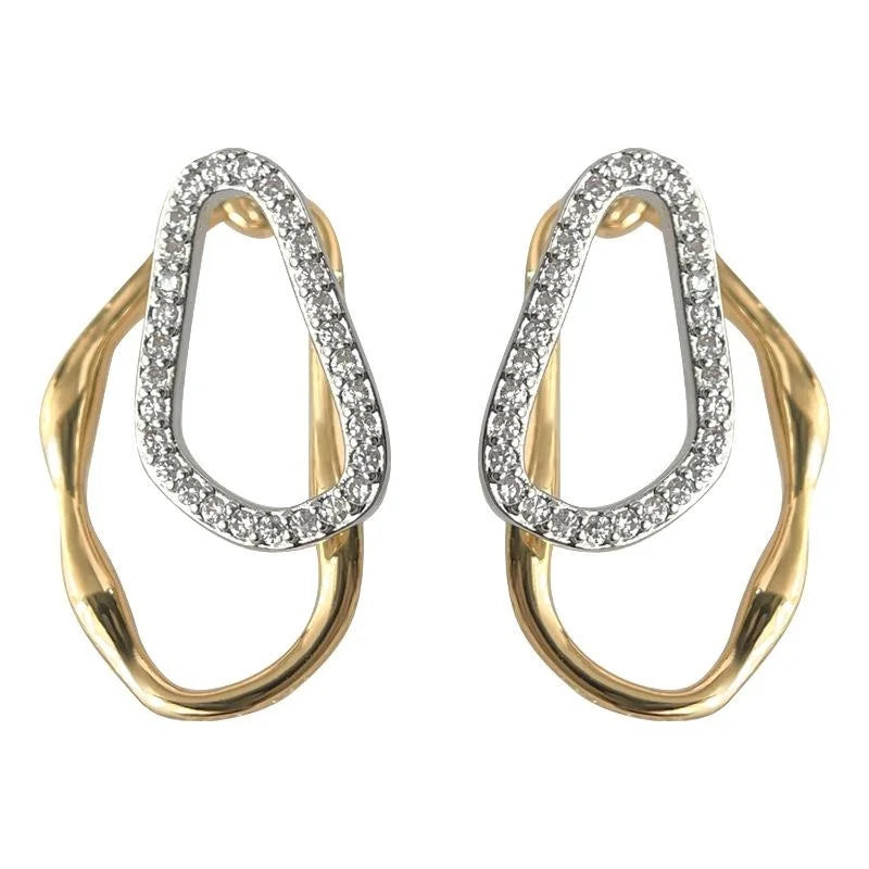French Vintage Two Tone Copper Micro Pave Zircon Geometric Irregular Hollow Line Drop Earrings