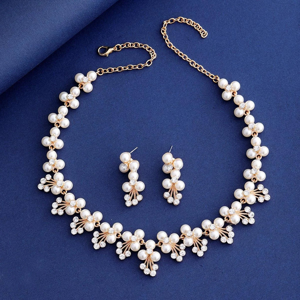 Elegant Pearl Rhinestone Flower Necklace Earrings Jewelry Set For Bridal Wedding Party Gift