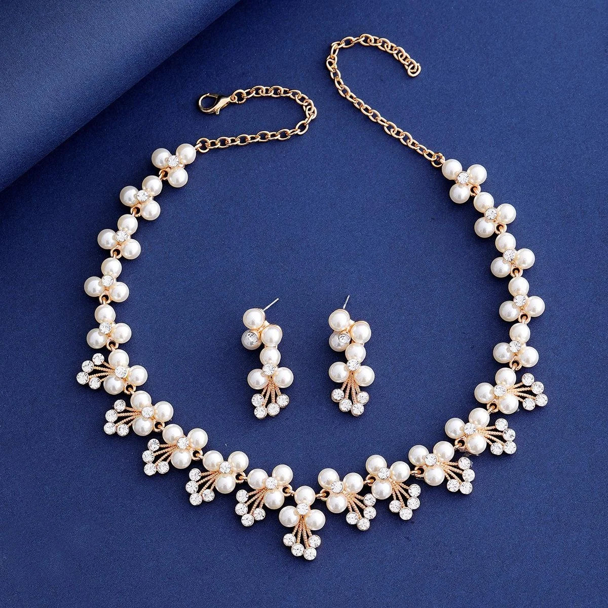 Elegant Pearl Rhinestone Flower Necklace Earrings Jewelry Set For Bridal Wedding Party Gift