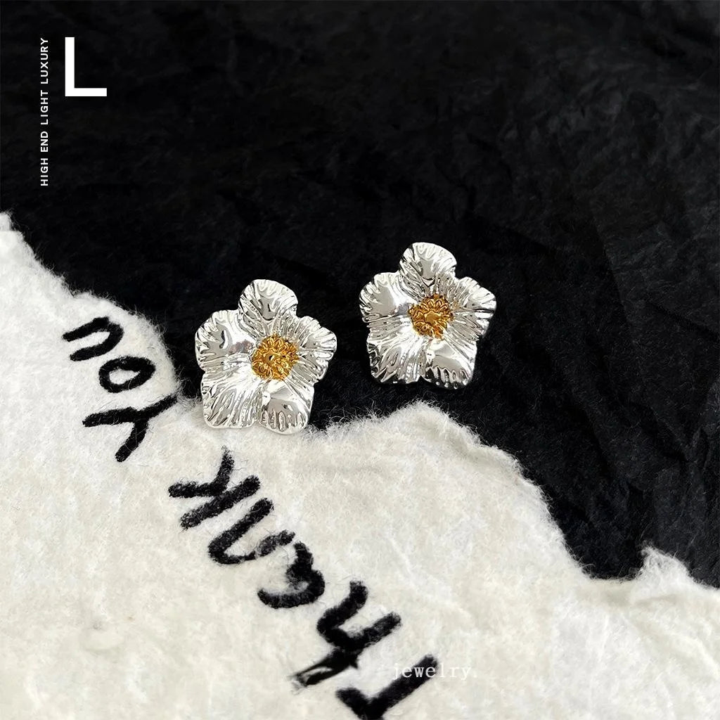 Two Tone Plated Eco Copper Textured Gardenia Flower Stud Earrings Sweet Cool Commuter Jewelry