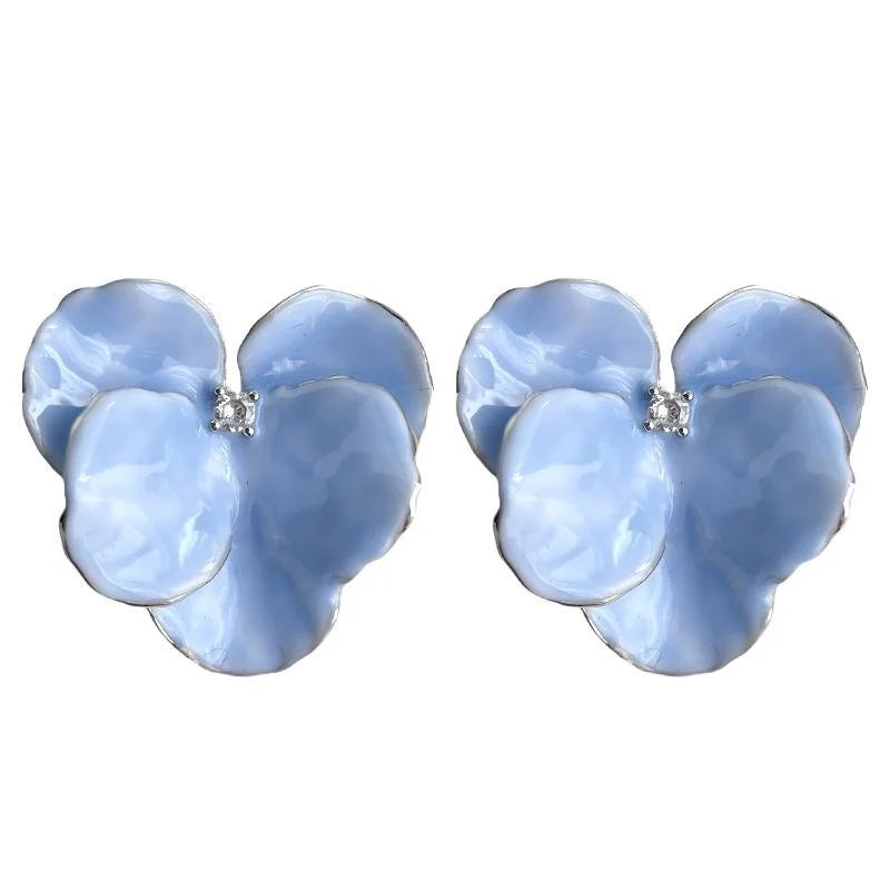 White Gold Plated Copper Baby Blue Iris Flower Drop Earrings Sweet Elegant Floral Jewelry