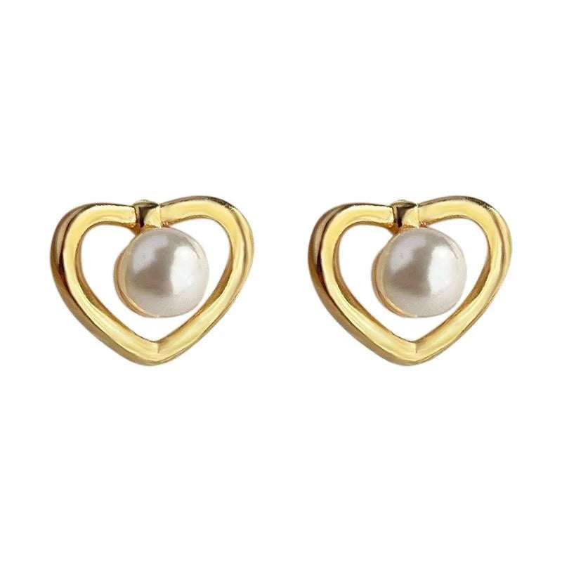 Minimalist Hollow Heart Pearl Stud Earrings With High Luster Pearl And Silver Plated