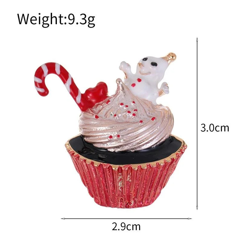Cute Enamel Christmas Cupcake Snowman Candy Cane Brooch With Rhinestones, Festive Lapel Pin Corsage Gift