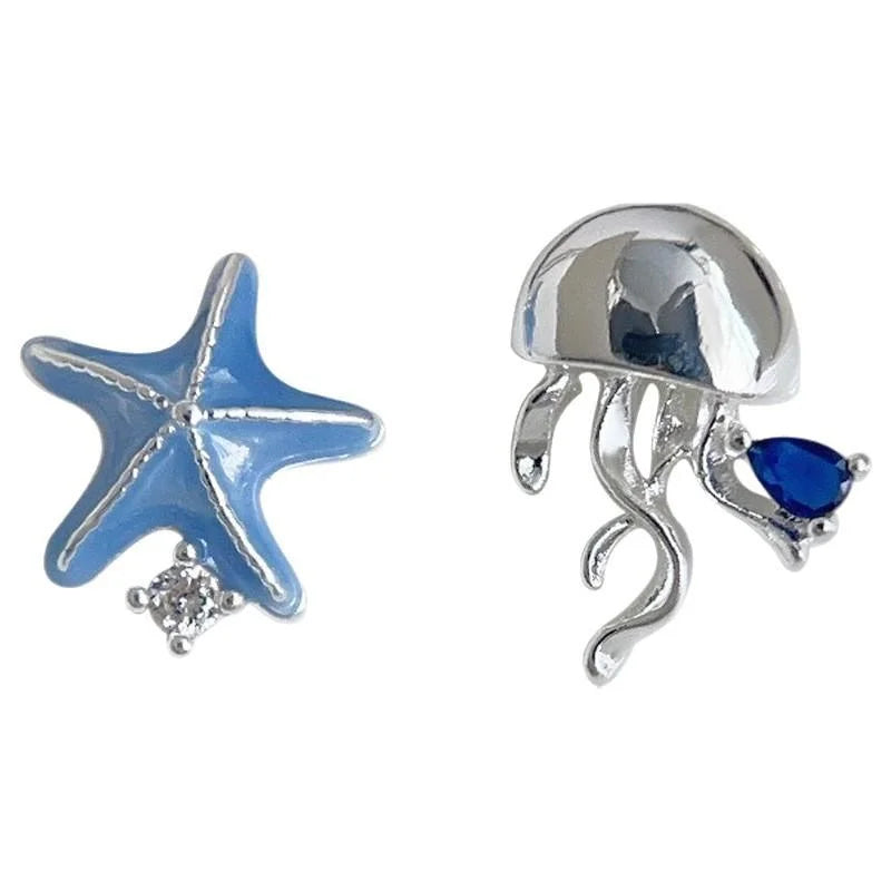 Designer Asymmetric Silver Starfish And Jellyfish Copper Stud Earrings For Women Sweet Cool Style