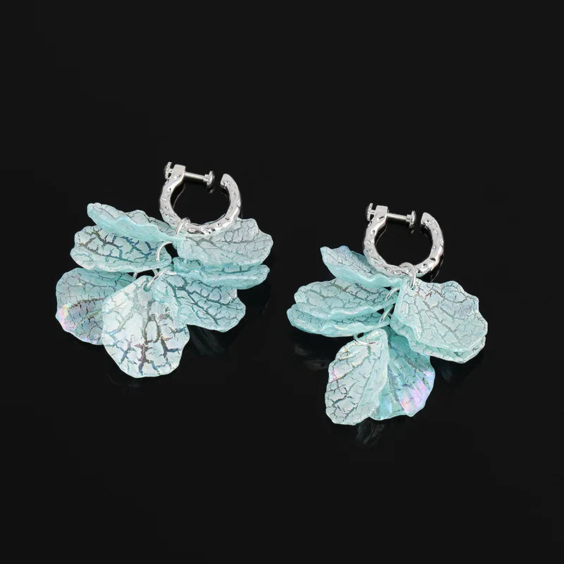 Elegant Aqua Blue Petal Tassel Alloy Stud & Clip On No Piercing Vacation Floral Drop Earrings