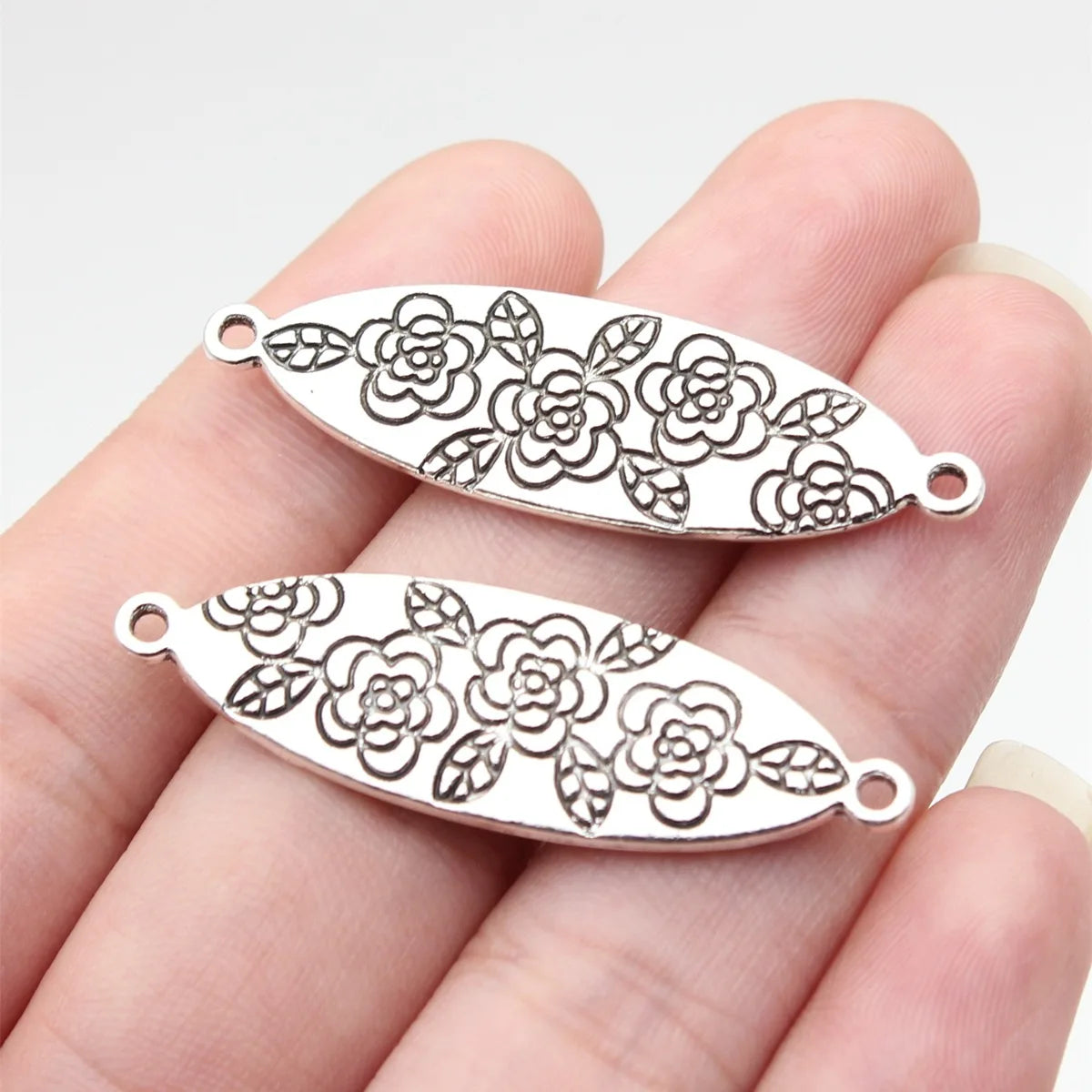 43x13mm 5g Antique Silver Zinc Alloy Double Sided Flower Pattern Connector Charm for DIY Jewelry Making