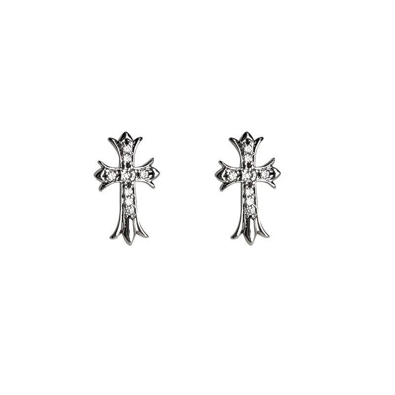 Punk Copper Micro Pave Zircon Cross Mini Stud Earrings Street Fashion Geometric Jewelry