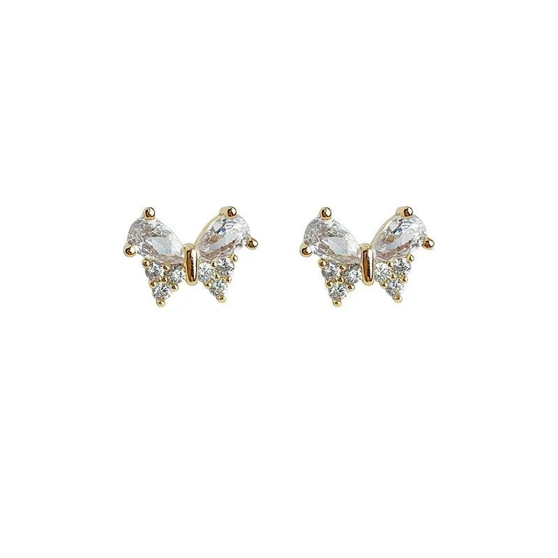 14K Plated Copper Micro Pave Zircon Butterfly Stud Earrings Sweet Fresh Insect Jewelry
