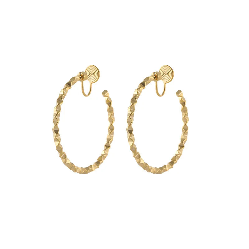 Elegant Gold Alloy Faceted Circle Hoop Stud & Clip On No Piercing Spiral Disc Fashion Earrings