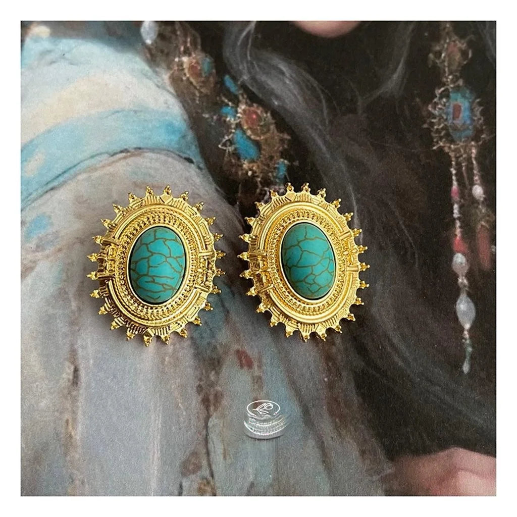 Vintage Oval Synthetic Turquoise Copper Sunflower Court Style Drop Earrings For Women