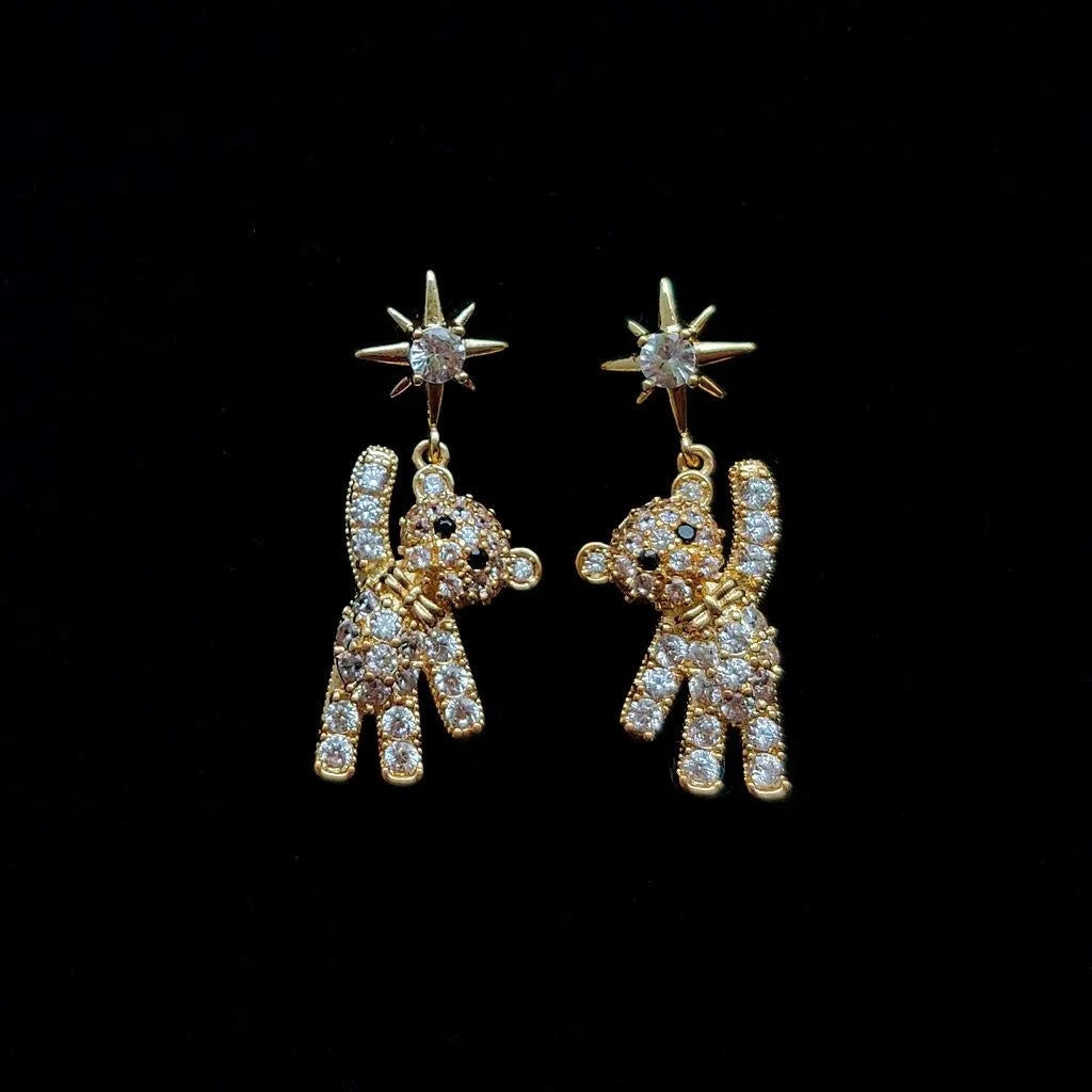 14K Gold Plated Copper Micro Pave Zircon Bear Stud Earrings For Women Luxury Minimalist Jewelry