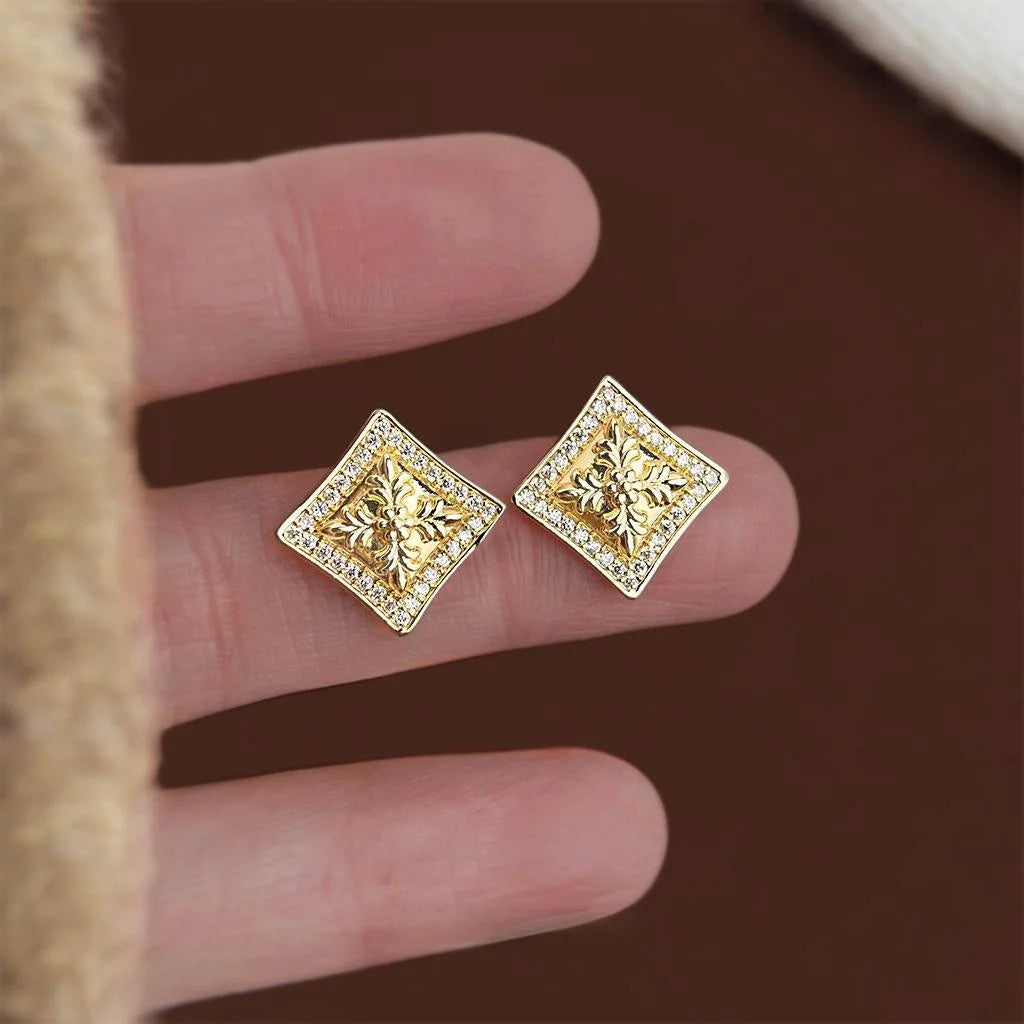 High-End Iris Flower Geometric Square Micro Pave Zircon Copper Stud Earrings With Silver Plated Pins