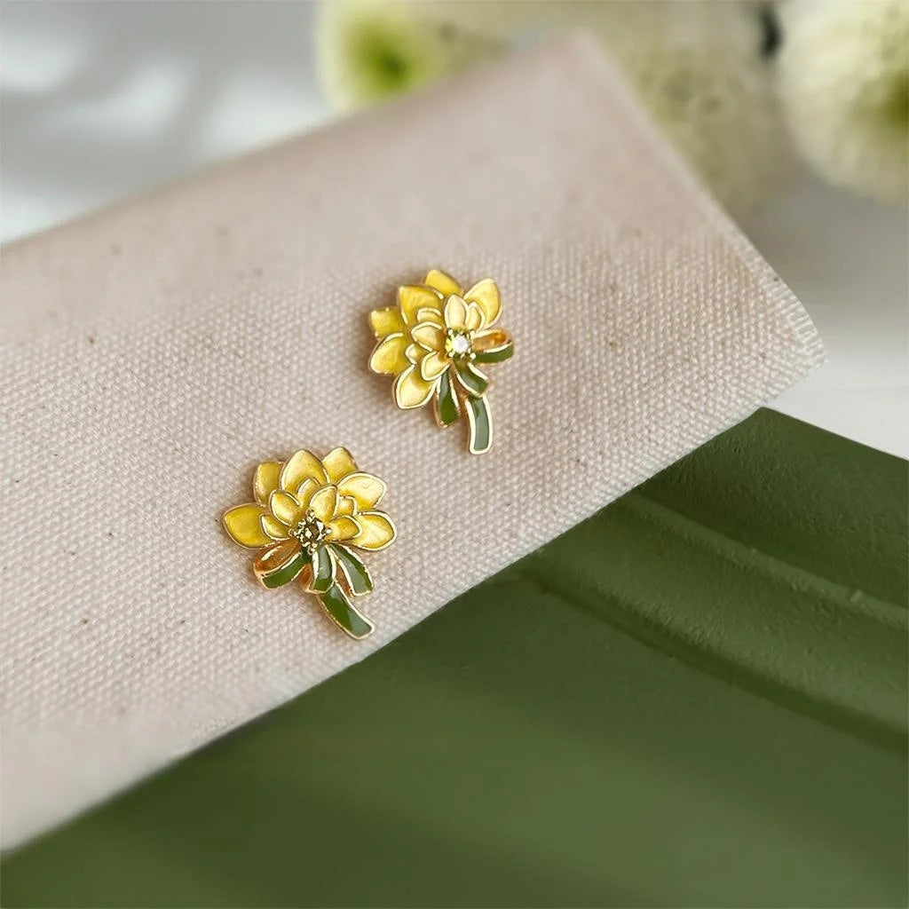 Hand Painted Drip Glaze Zircon Floral Stud Earrings Pastoral Chrysanthemum Marigold Design