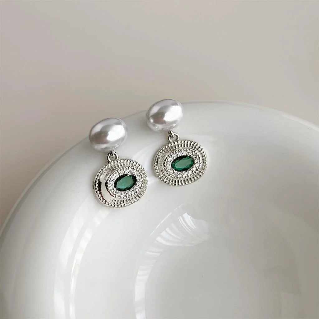 Micro Pave Zircon Minimalist Silver Tone Copper Oval Emerald Geometric Drop Earrings