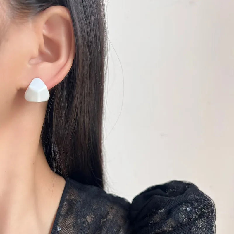 Elegant White Enamel Triangle Geometric Stud & Clip On No Piercing Minimalist Fashion Earrings