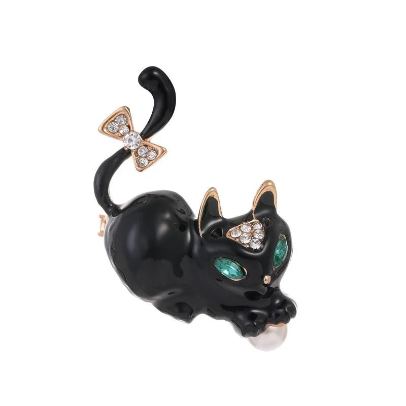 Cute Black Enamel Cat Brooch With Rhinestone Bow And Green Crystal Eyes, Vintage Lapel Pin Gift
