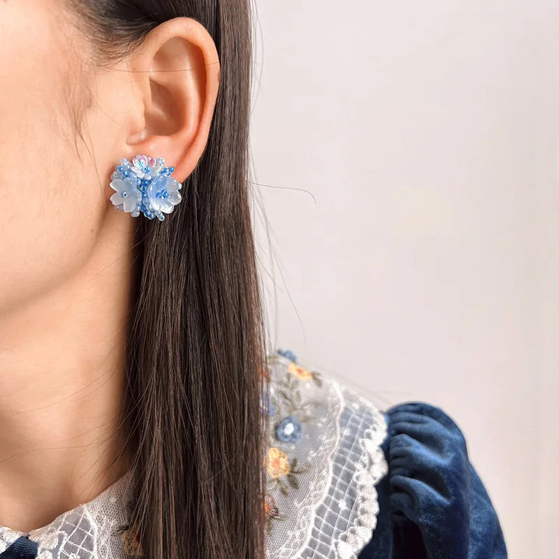 Handmade Blue Beaded Flower Crystal Stud & Clip On No Piercing Elegant Vacation Style Earrings