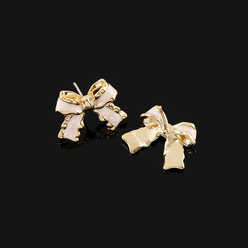Elegant Pink Enamel Bow Stud & Clip On No Piercing Gold Alloy Ribbon Knot Fashion Jewelry Earrings