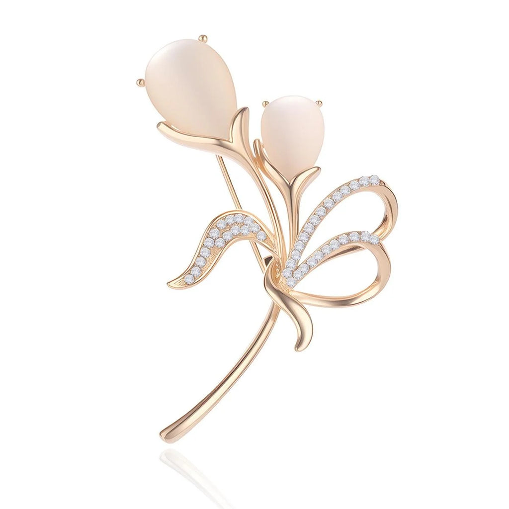 Elegant Tulip Flower Brooch With Cat Eye Stone And Rhinestone Rose Gold Alloy Lapel Pin Corsage Gift