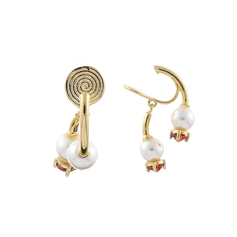 Elegant Spiral Disc Back Hanging Pearl Red Crystal Stud & Clip On No Piercing Hoop Earrings