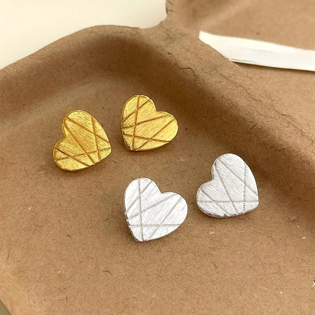 14K Plated Copper Heart Stud Earrings Matte Brushed Minimalist Fashion