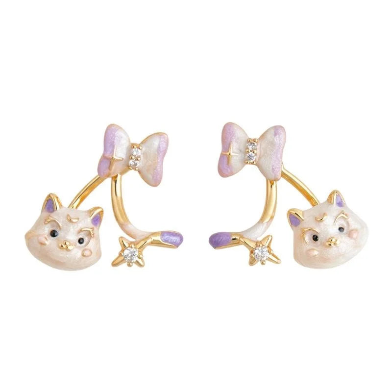 Cute Enamel Lucky Cat Bow Drop Earrings, Copper Zircon Painted Jewelry