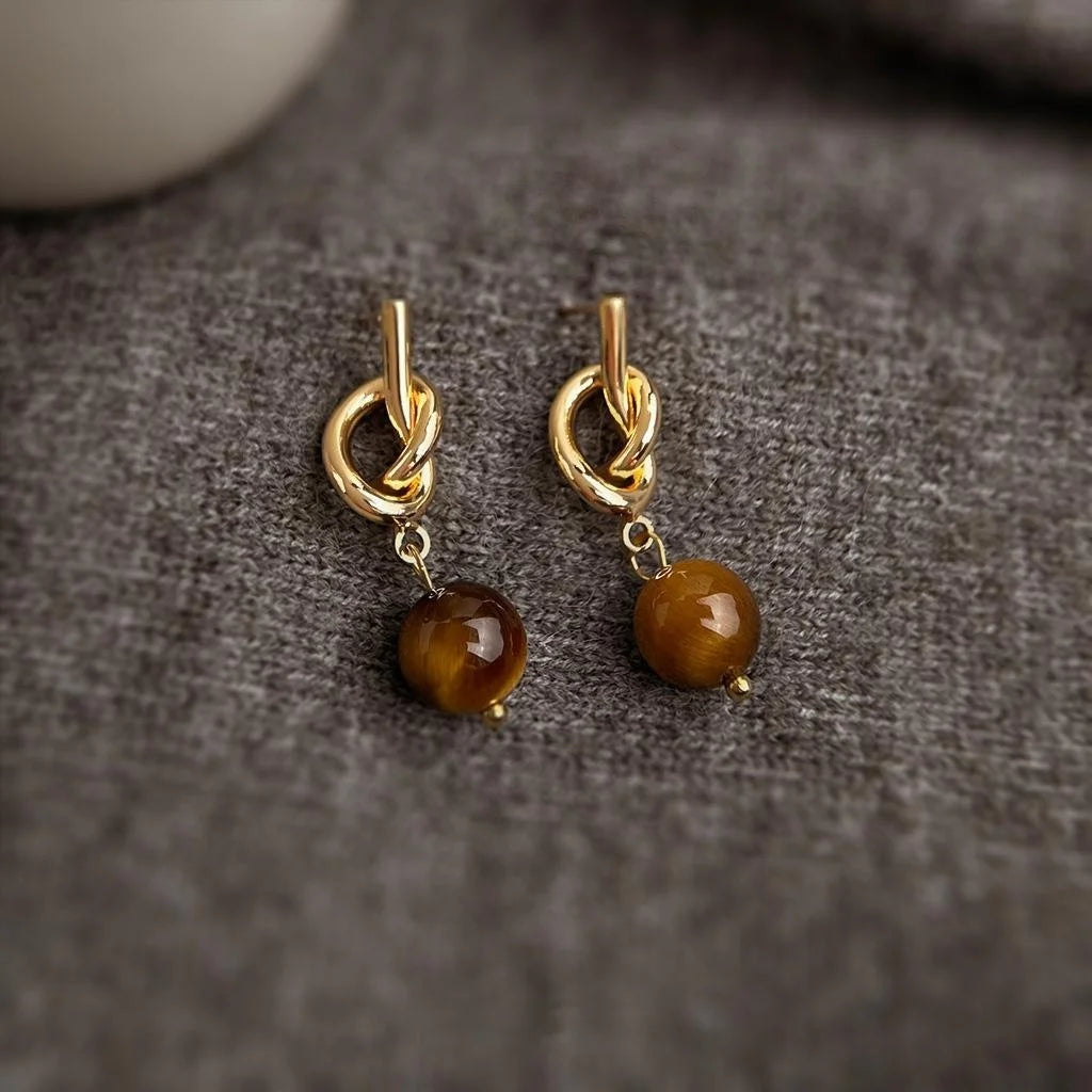 Natural Tiger Eye Stone Geometric Knot Drop Earrings French Vintage Maillard Style