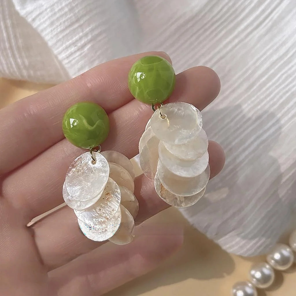 Forest Style Green Natural Shell Geometric Tassel Stud Earrings With Silver Plated Pins