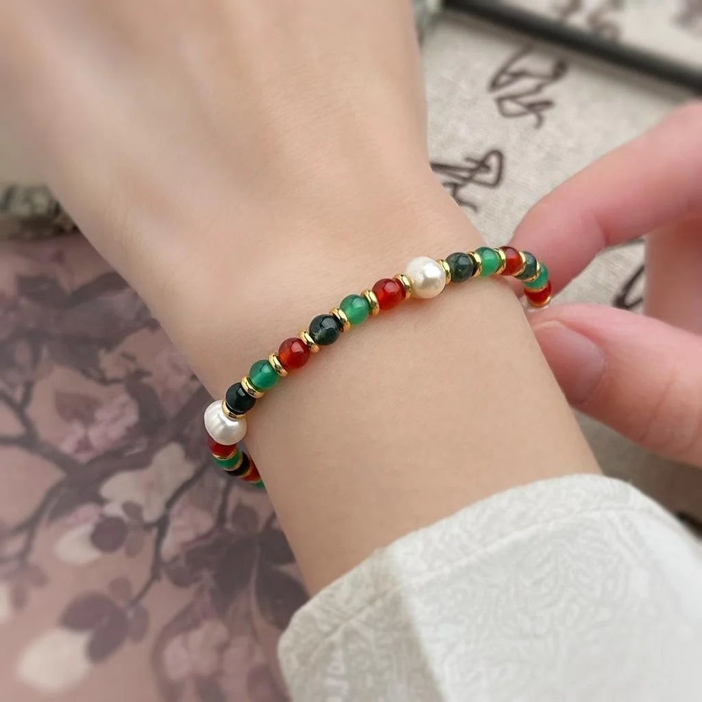 Natural Green Phantom Quartz Red And Green Agate Freshwater Pearl Geometric Ethnic Bracelet
