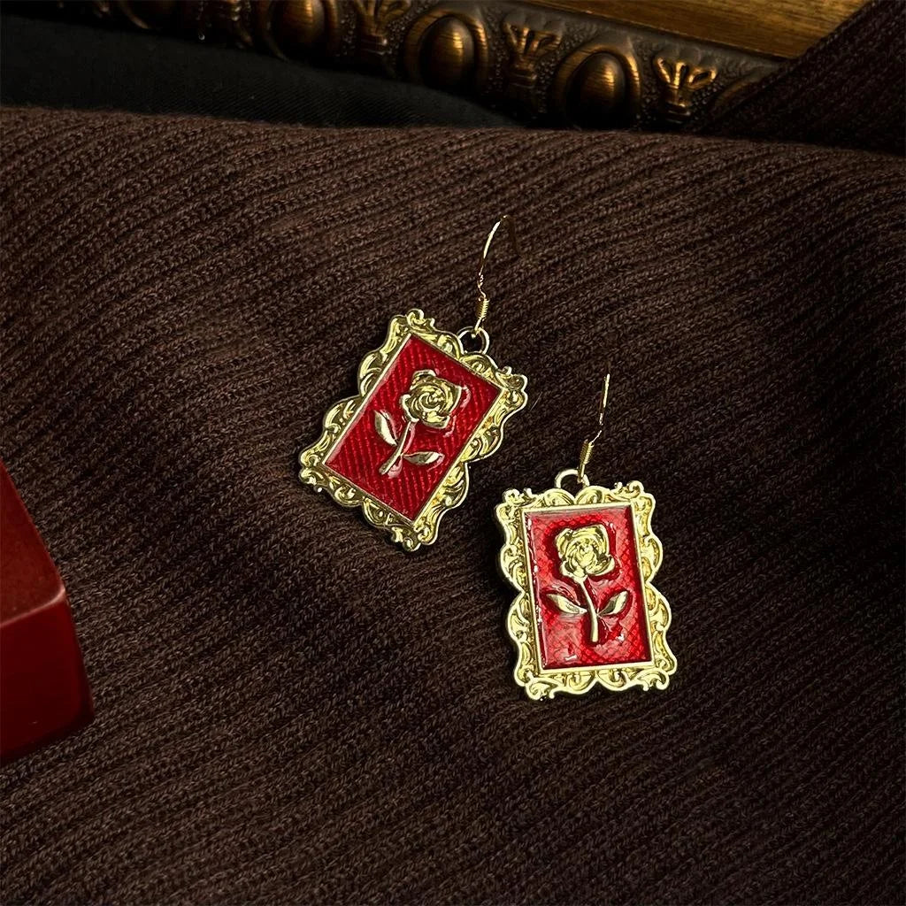 French Vintage Red Geometric Drop Earrings, Copper, Light Luxury Women Jewelry