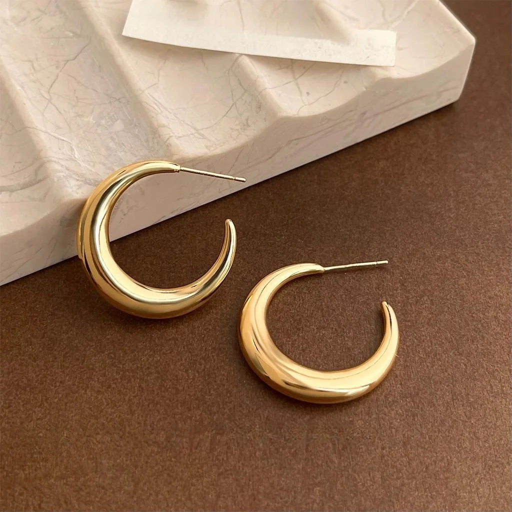 14K Gold Plated Copper Geometric Round Hoop Drop Earrings For Women Minimalist Office Jewelry