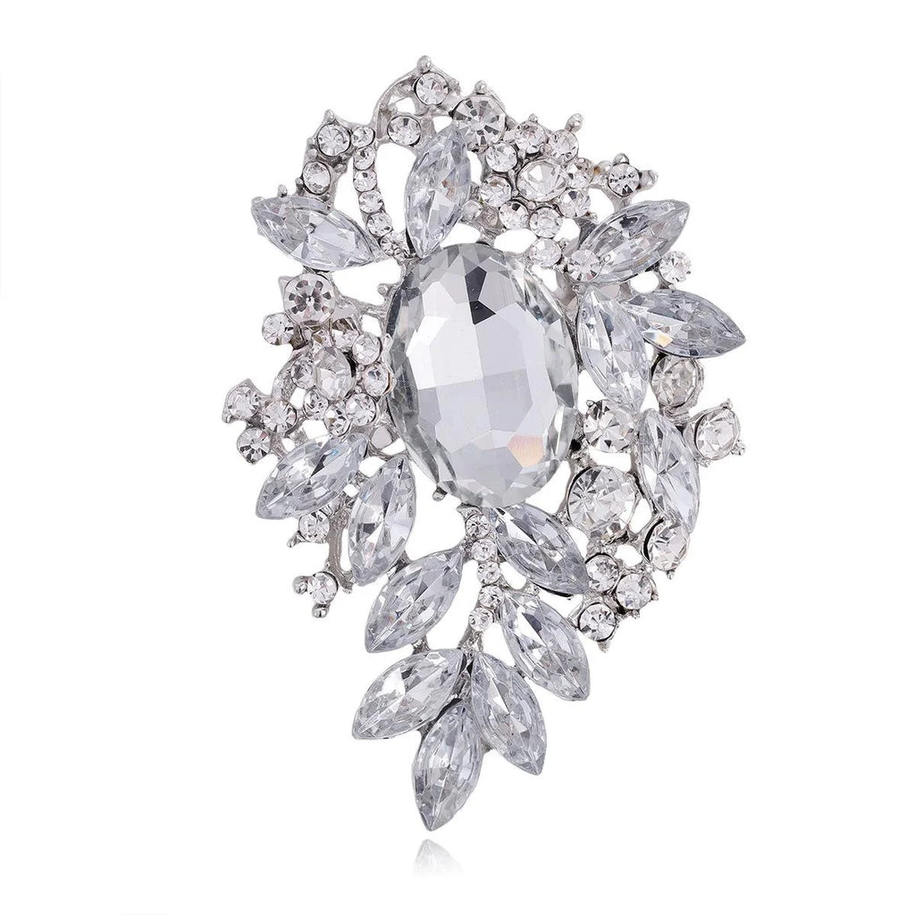 Luxury Crystal Glass Rhinestone Floral Leaf Brooch, Elegant Silver Alloy Lapel Pin Corsage Suit Accessory