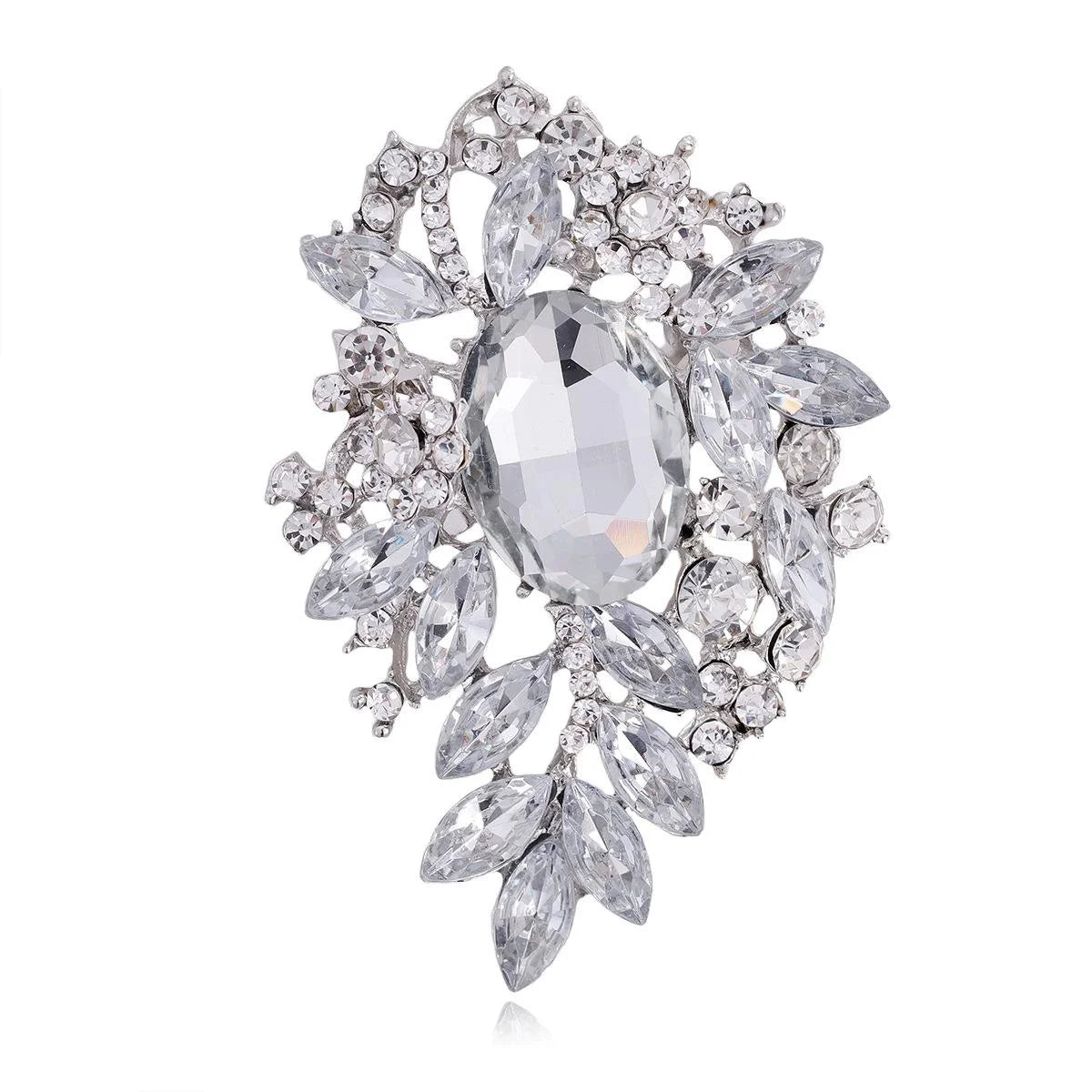 Luxury Crystal Glass Rhinestone Floral Leaf Brooch, Elegant Silver Alloy Lapel Pin Corsage Suit Accessory