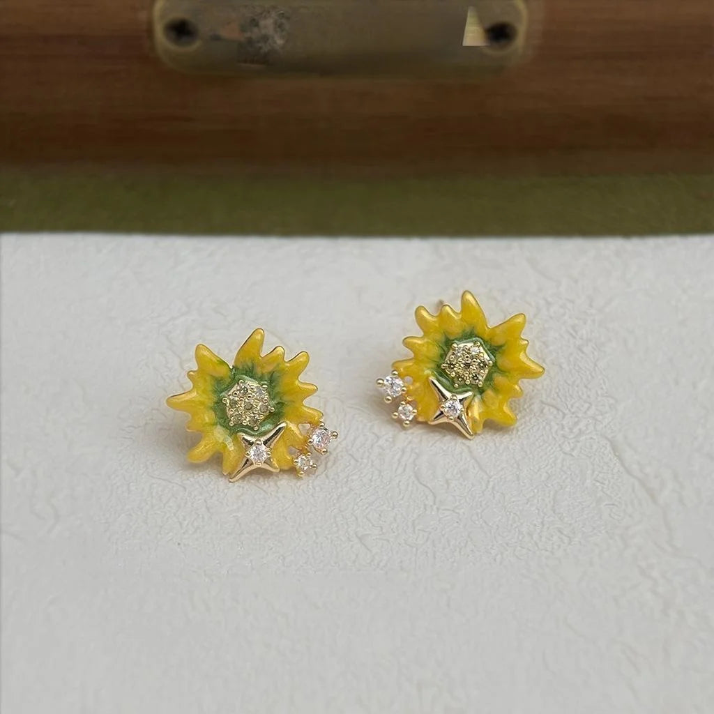 Luxury 14K Gold Plated Copper Zircon Enamel Sunflower Stud Earrings