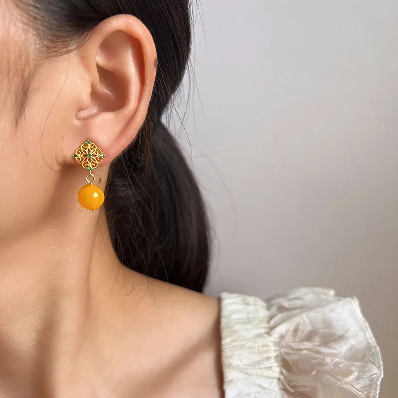 Vintage Gold Alloy Filigree Spiral Yellow Agate Bead Drop Stud & Clip On No Piercing Earrings