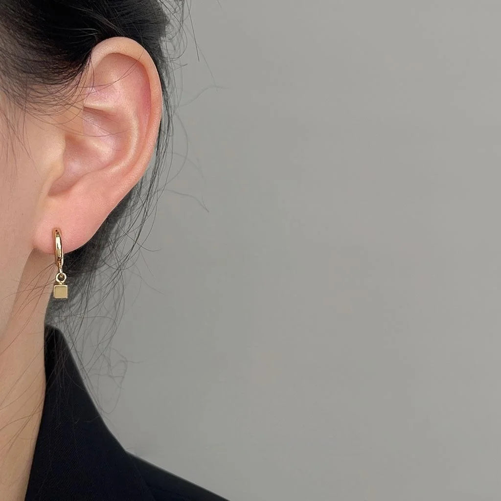 Minimalist Geometric Square Copper Stud Earrings, 3D Metallic Commuter Jewelry