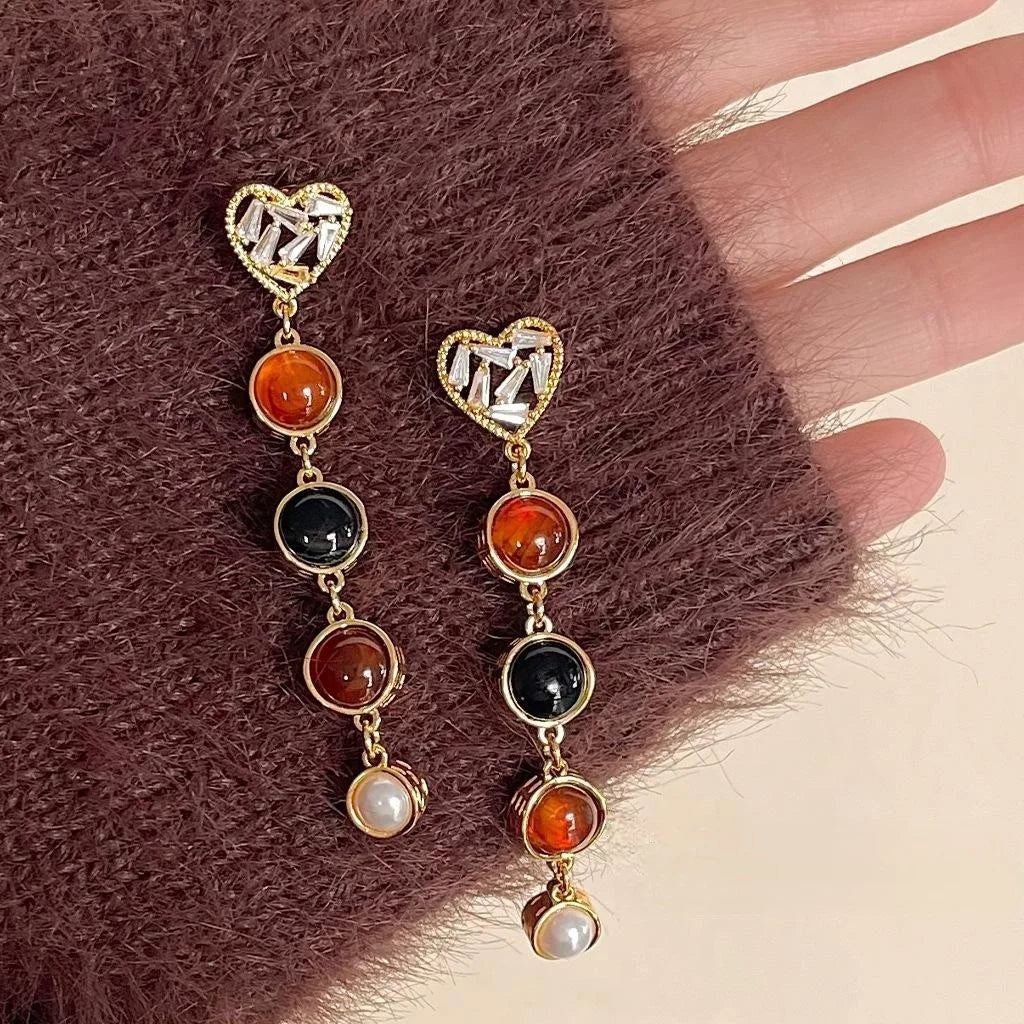 French Vintage Black Onyx Resin Pearl Heart Tassel Drop Earrings With Micro Pave Zircon