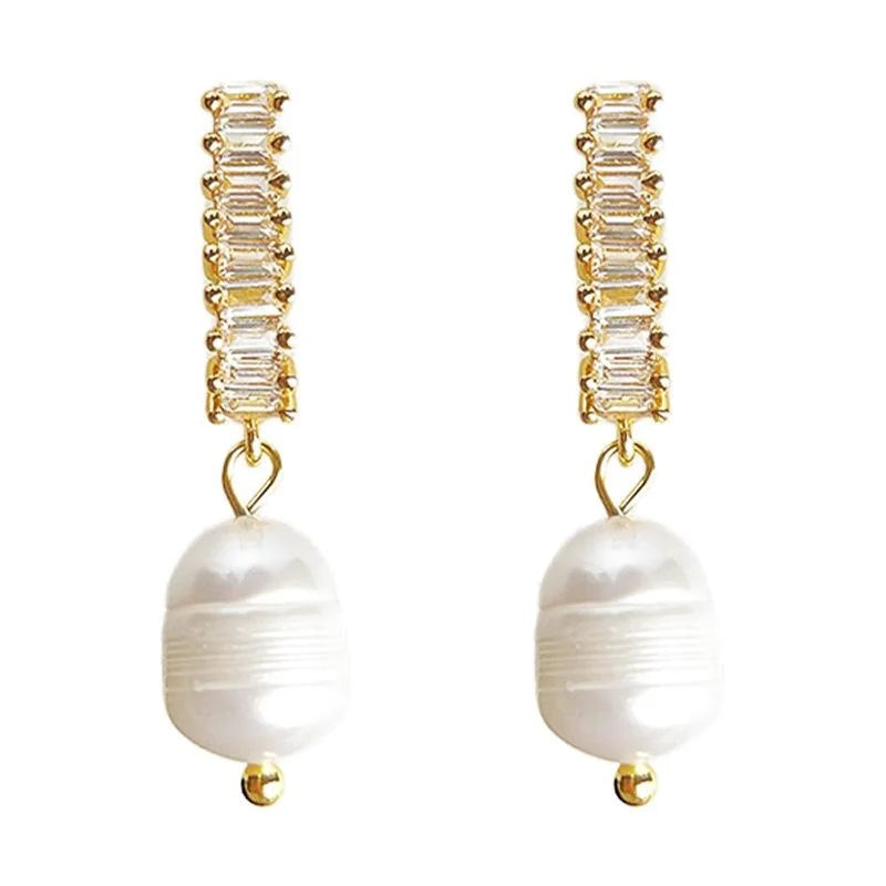 French Vintage Geometric Freshwater Pearl Micro Pave Zircon Copper Drop Earrings For Women