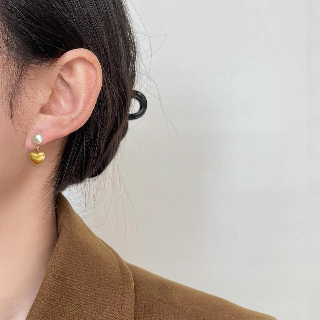 Mini Heart Freshwater Pearl Drop Earrings Brushed Matte Copper Light Luxury Ear Jewelry