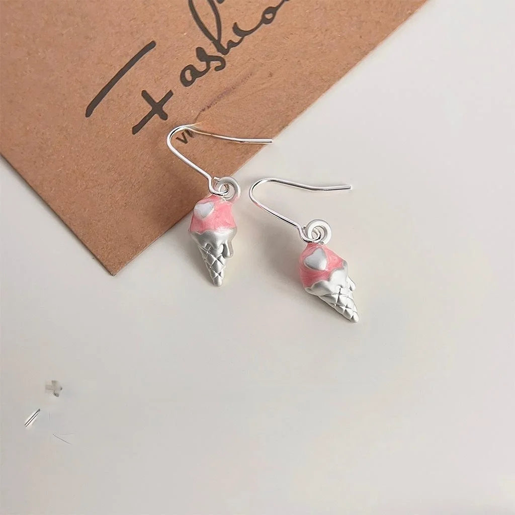 Cute Pink Melting Ice Cream Cone Copper Drop Earrings, Korean Summer Sweet Novelty Jewelry