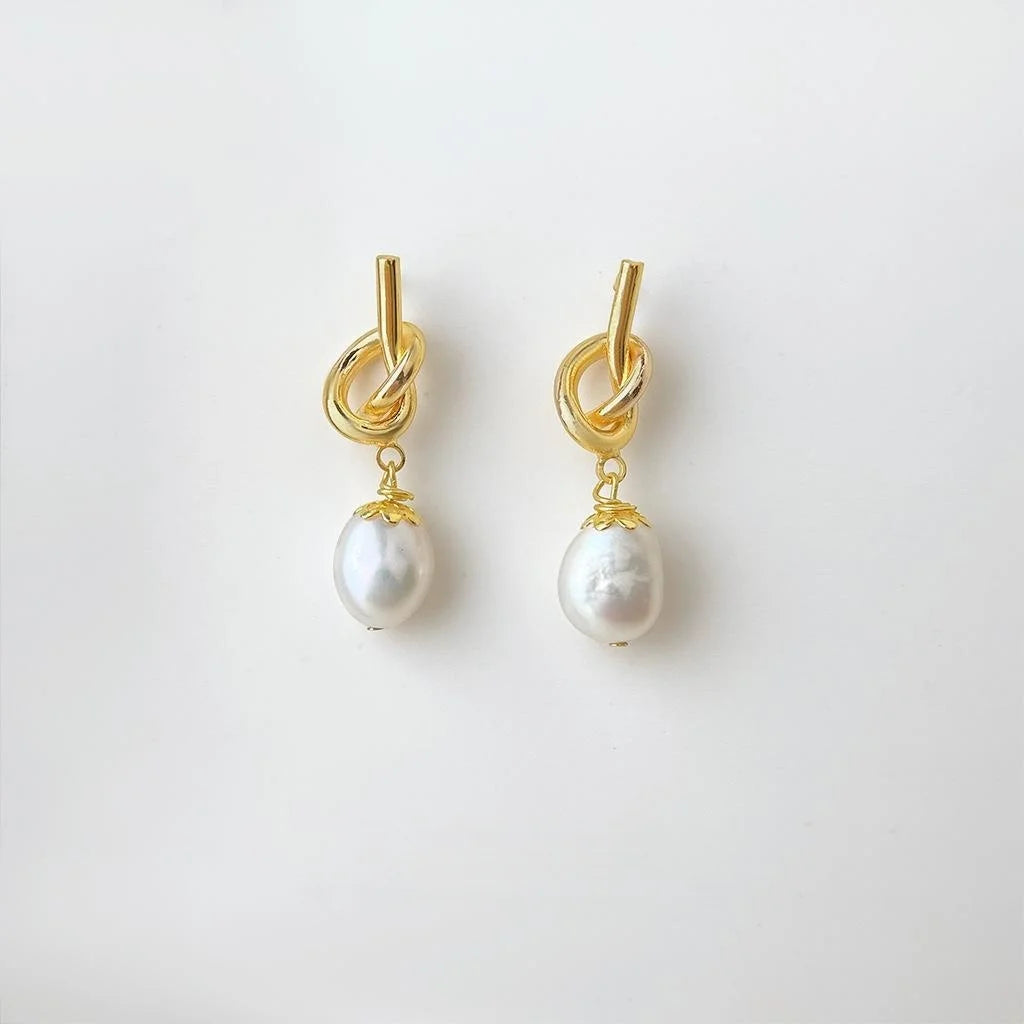 Handmade 14K Gold Plated Copper Knot Drop Earrings With Baroque Freshwater Pearl
