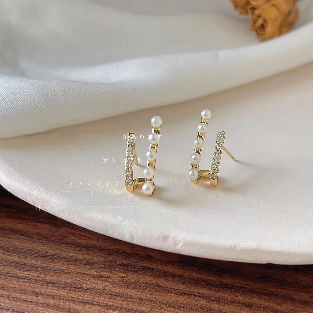 14K Gold Plated Copper Pearl Stud Earrings Micro Pave Zircon Geometric Line Design